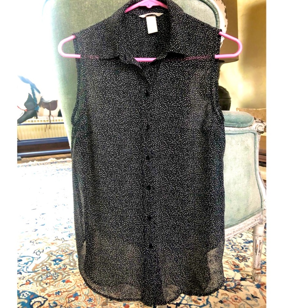 H&M navy blue speckled rayon button up blouse